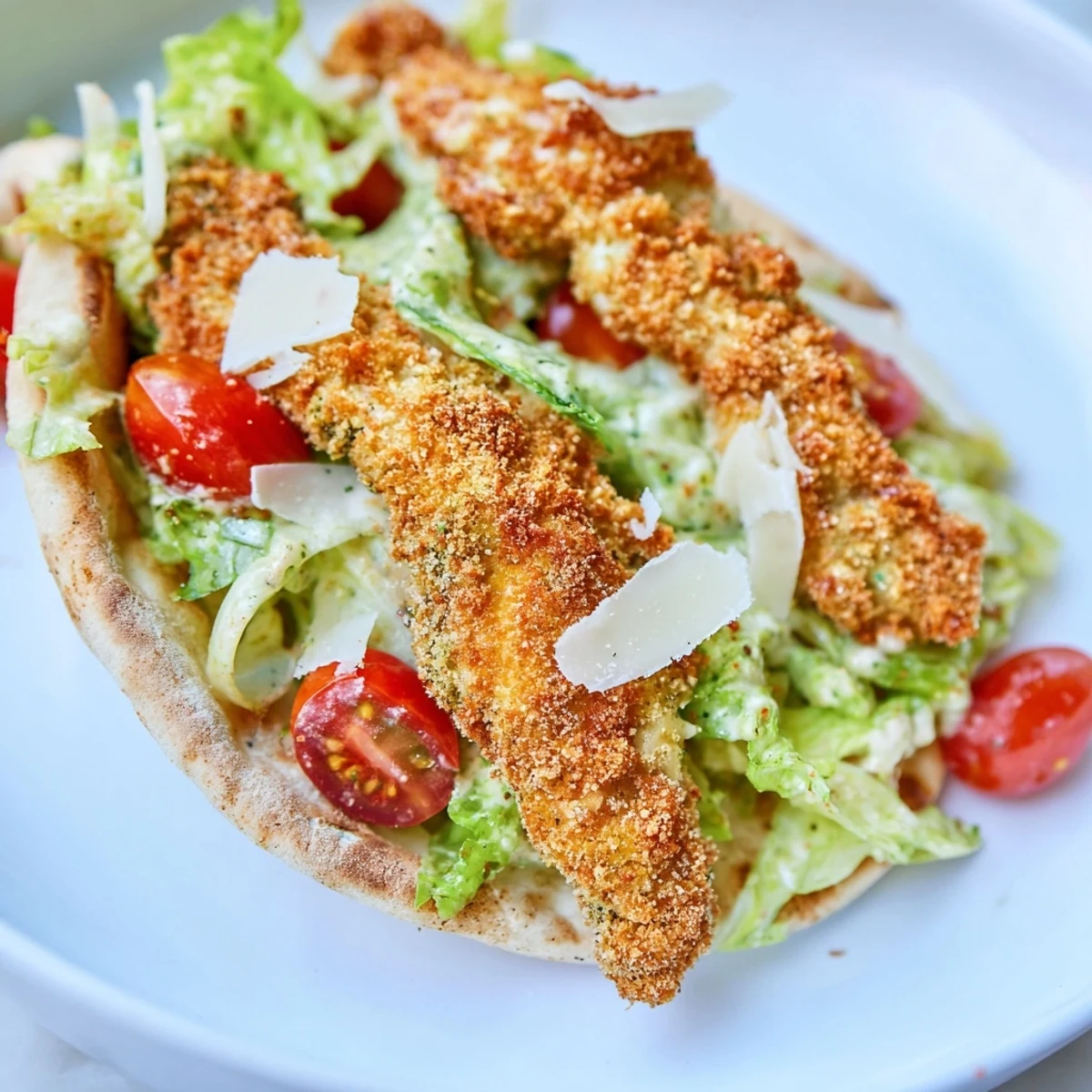 Crispy Chicken Caesar Pita with fresh romaine, shaved Parmesan, and a drizzle of dressing.
