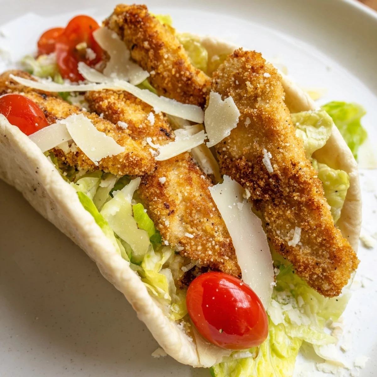 Handheld Crispy Chicken Caesar Pita served with lemon wedges, perfect for a quick, satisfying lunch.