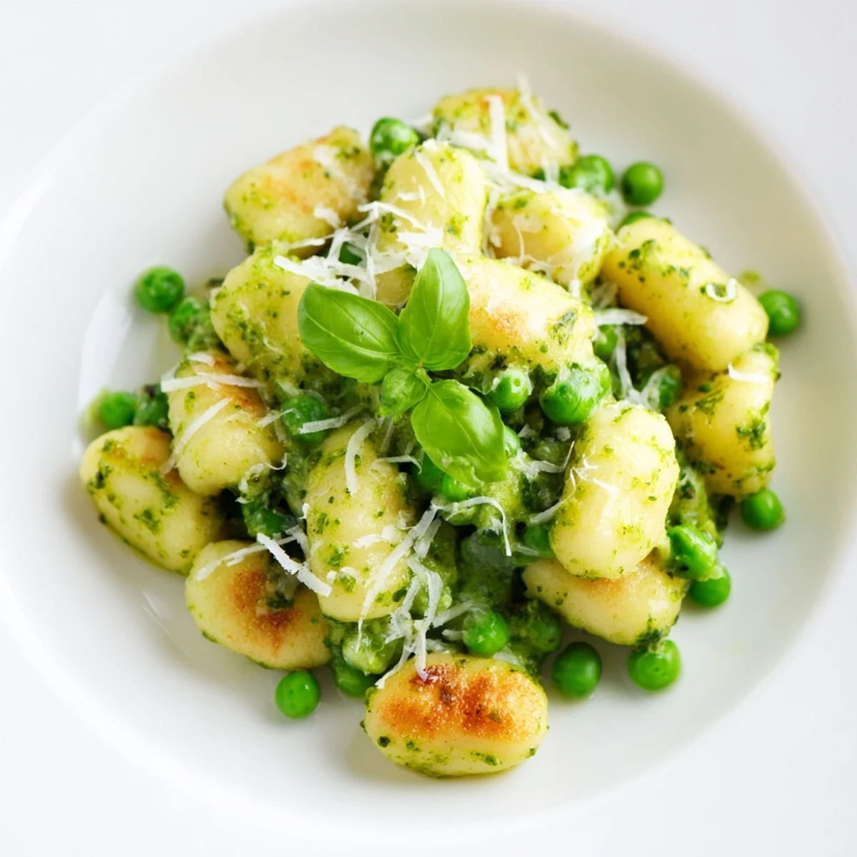 Golden, crispy pan-fried gnocchi tossed with vibrant green peas and fresh basil pesto in a skillet.  