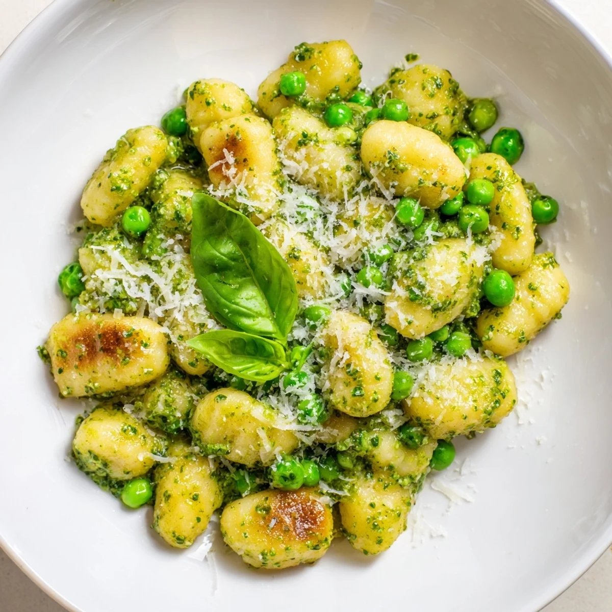 Close-up of Pesto Pea Gnocchi Skillet showing tender peas and spinach coated in herby pesto sauce.