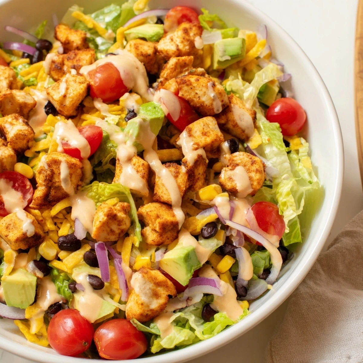 A close-up of Chicken Taco Chopped Salad with seasoned chicken, crisp romaine, diced avocado, and crunchy tortilla chips.