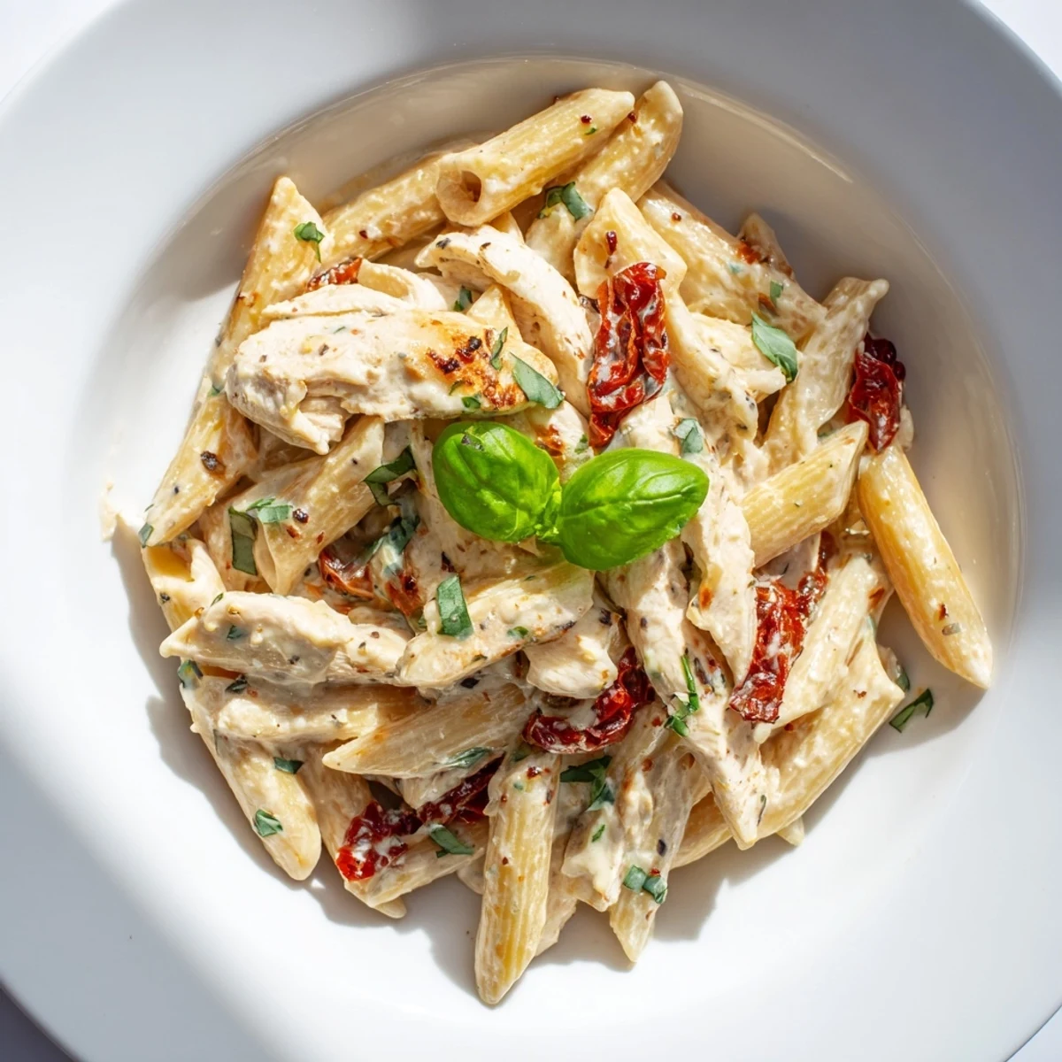 Juicy chicken strips and sun-dried tomatoes mingle with al dente penne in a creamy, garlicky sauce, garnished with fresh basil.  