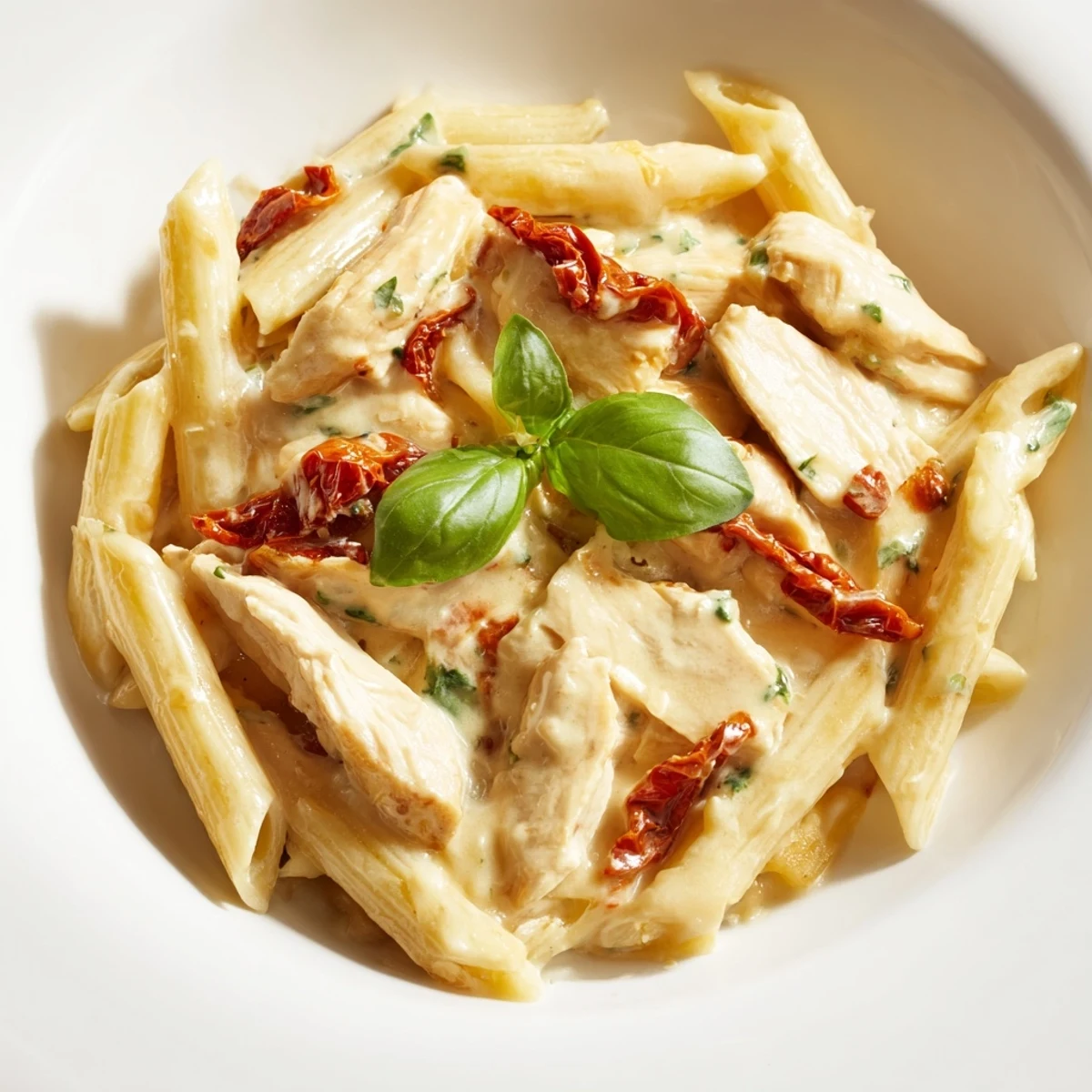 Creamy Sun-Dried Tomato Chicken Pasta features tender penne tossed in a luscious Parmesan cream sauce with golden chicken and vibrant tomatoes.  