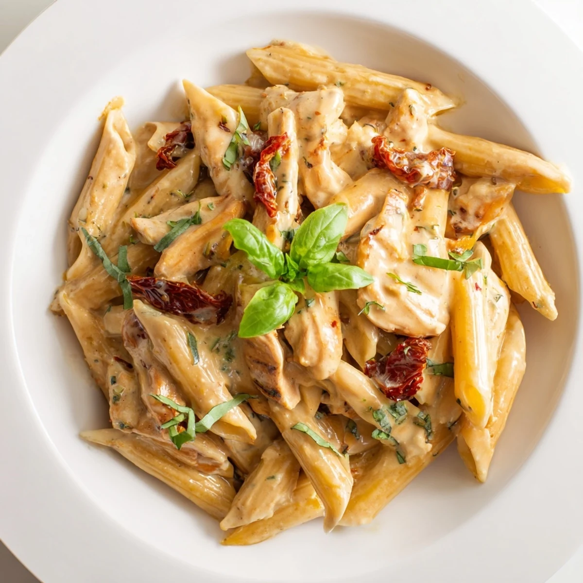 For a cozy weeknight meal, twirl this penne pasta with sun-dried tomatoes and juicy chicken in a silky, garlicky cream sauce.