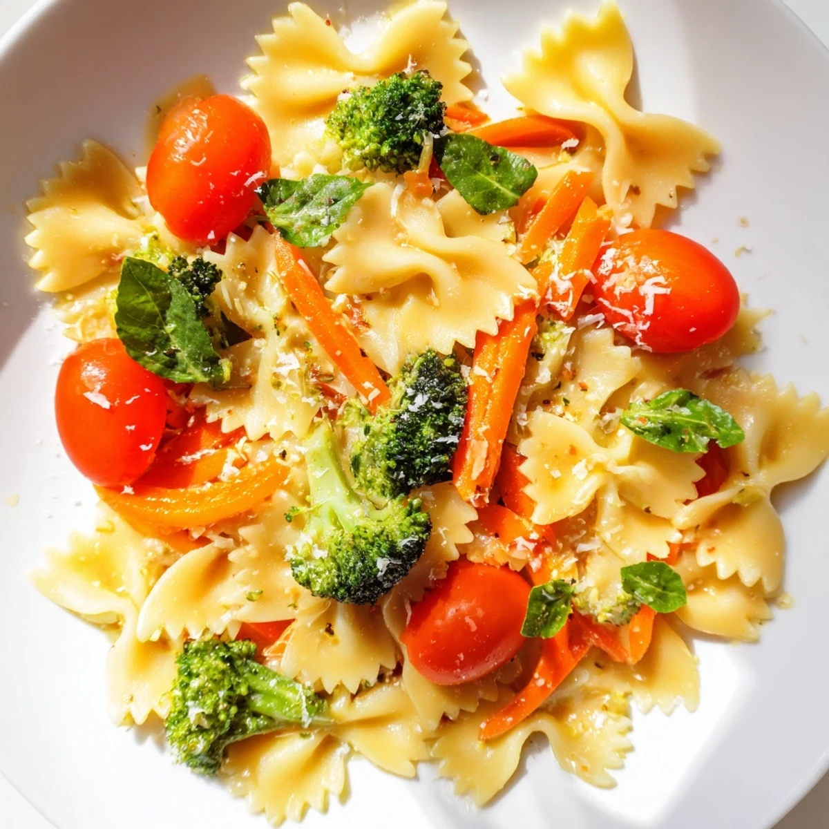Tossing vibrant bow-tie pasta with fresh spring vegetables like asparagus and cherry tomatoes in a skillet for a rainbow veggie pasta primavera.