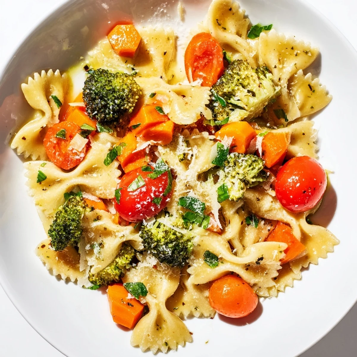 A close-up view of a colorful serving of rainbow veggie pasta primavera garnished with basil and Parmesan on a rustic table.