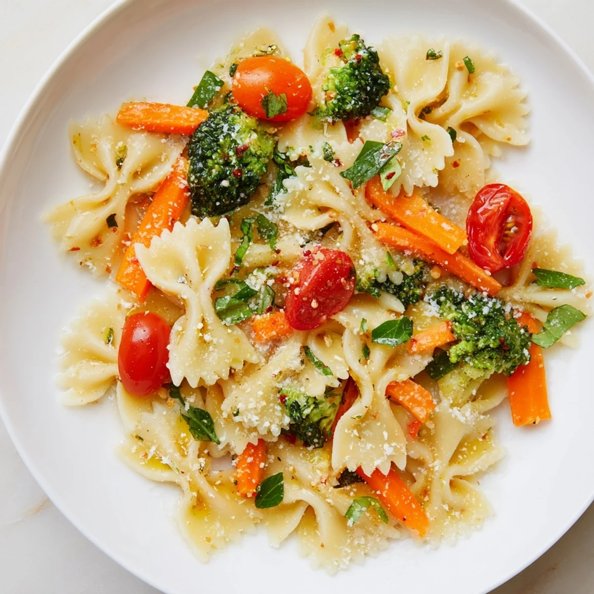 Healthy rainbow veggie pasta primavera featuring al dente farfalle mixed with carrots, broccoli, and bell peppers in a light garlic sauce.