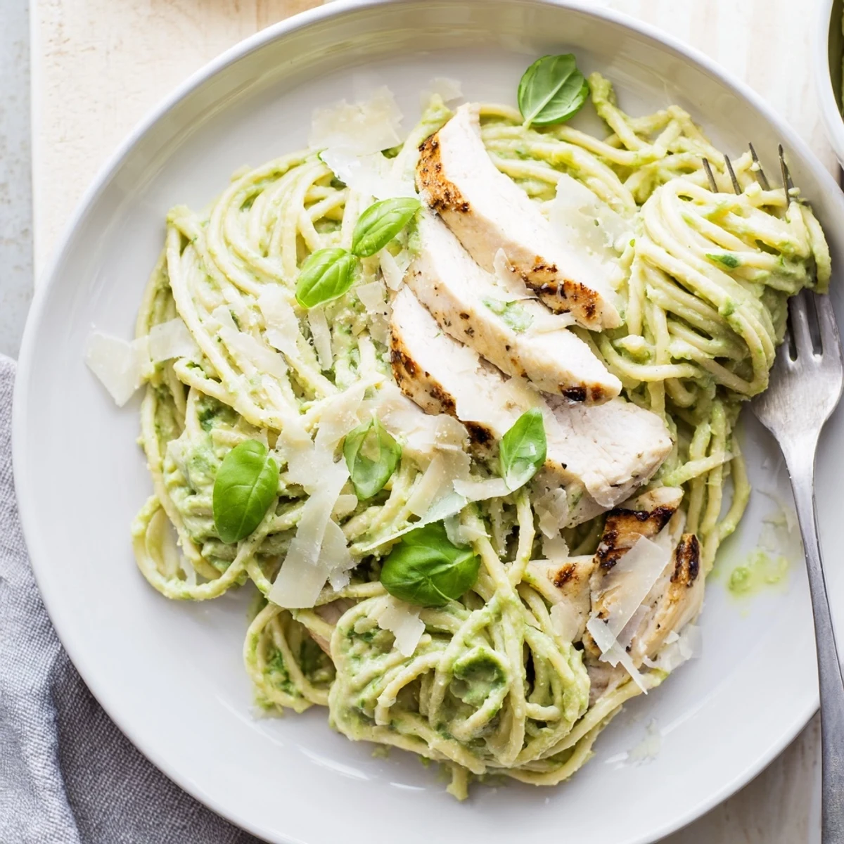 A close-up of Creamy Avocado Chicken Pasta with fresh basil leaves, lemon zest, and a light drizzle of extra virgin olive oil.