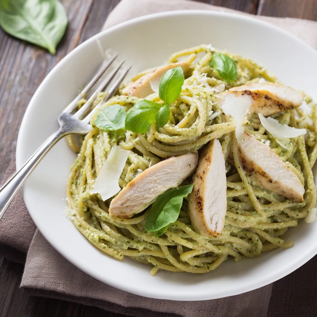 Plated Creamy Avocado Chicken Pasta garnished with Parmesan and red pepper flakes, ideal for a quick, nourishing weeknight dinner.