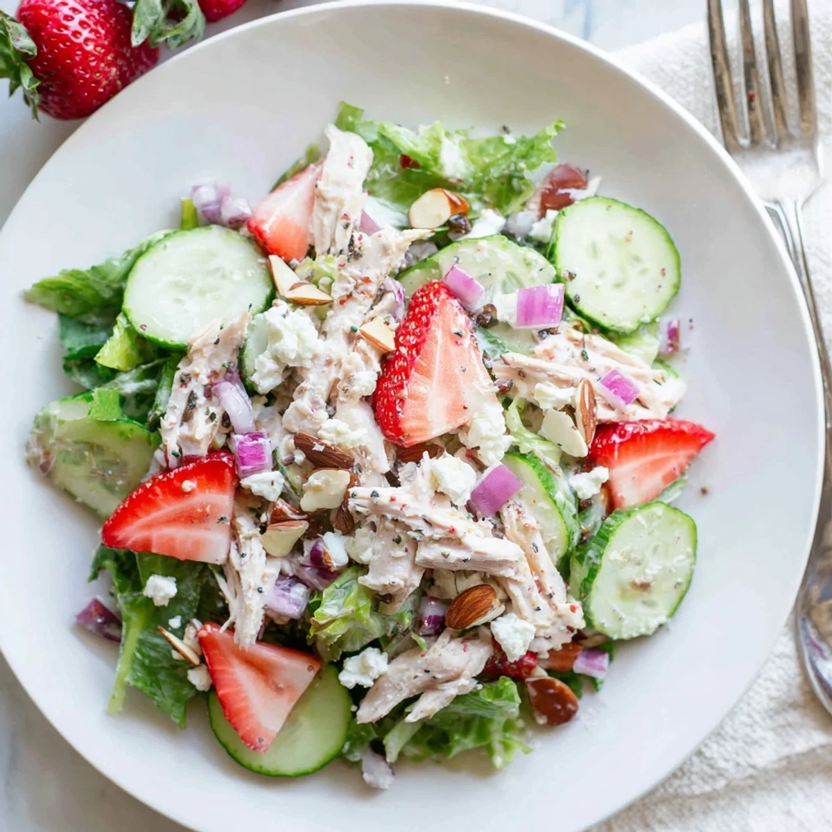 Vibrant bowl of Strawberry Poppy Seed Chicken Salad featuring juicy berries, crunchy cucumbers, and a sweet-tangy homemade poppy seed yogurt dressing.
