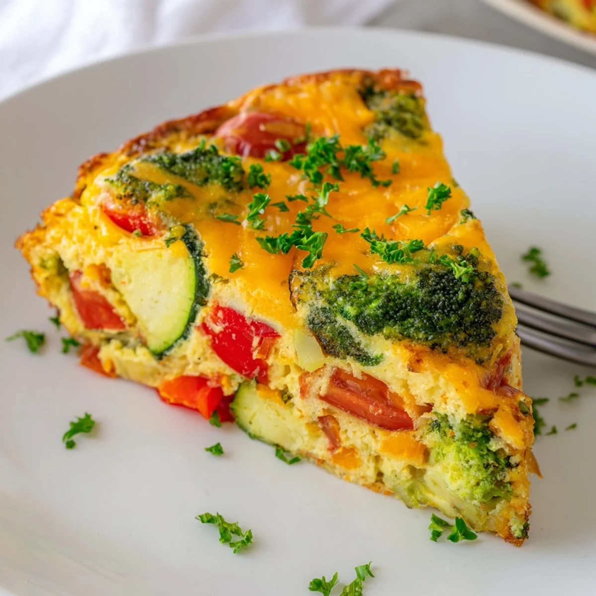 Golden-brown vegetable frittata with melted cheddar cheese, broccoli, bell peppers, and cherry tomatoes on a plate.