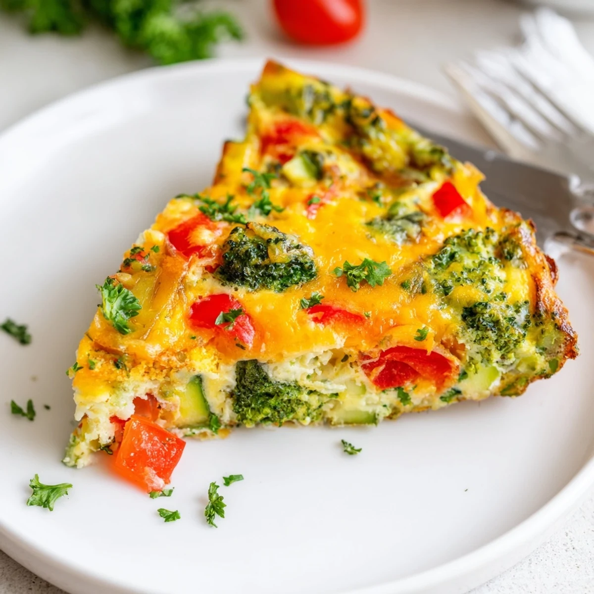 Colorful slice of vegetable frittata featuring zucchini, red onion, and herbs, served with a fresh side salad.