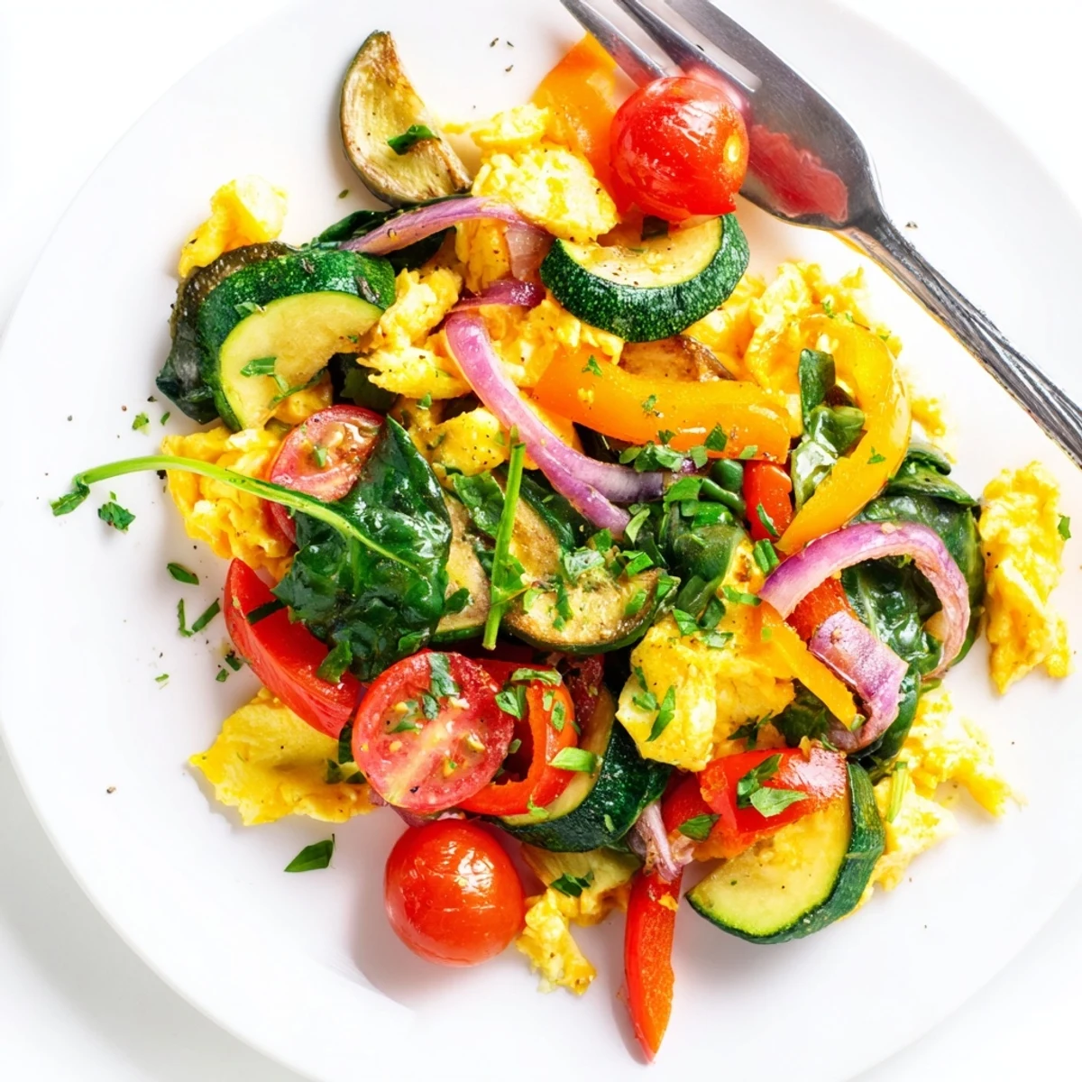 Fluffy scrambled eggs with vibrant red bell pepper, spinach, and cherry tomatoes, garnished with fresh herbs on a white plate.  