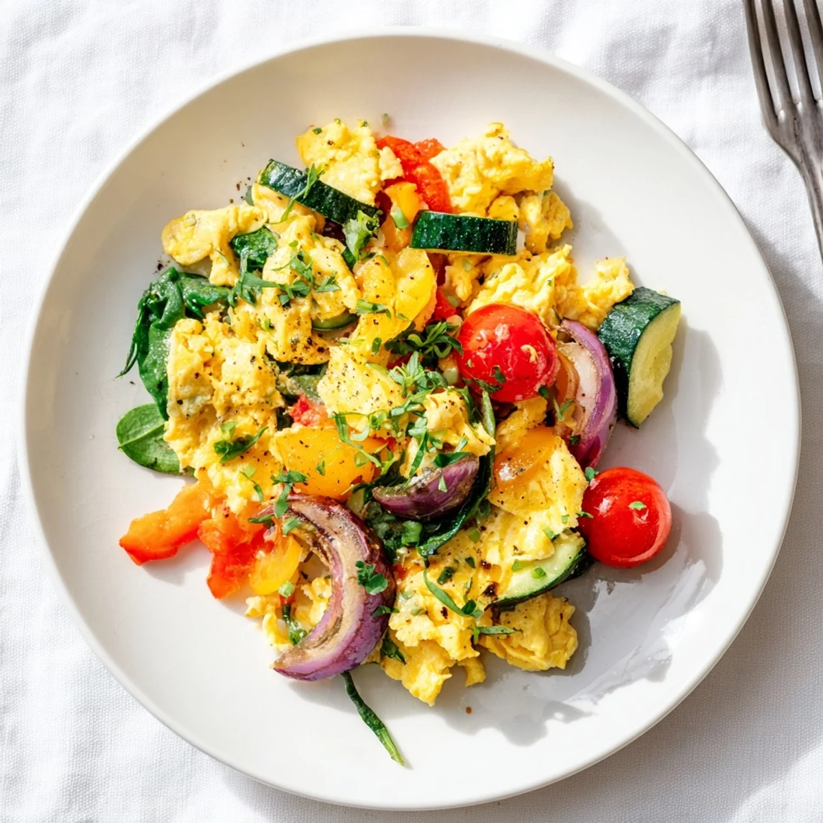 Colorful egg and vegetable scramble served warm, featuring zucchini and red onion alongside a side of whole-grain toast.  