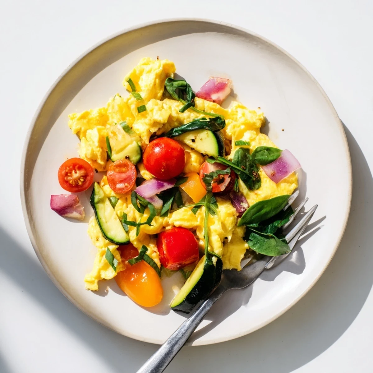 A light, freshly cooked egg and vegetable scramble with bright cherry tomatoes and wilted spinach, perfect for breakfast.