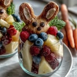Adorable Easter fruit cups shaped like bunnies, filled with fresh strawberries, grapes, and pineapple for a healthy snack.