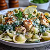 Creamy lemon orzo with chicken and spinach, garnished with fresh parsley and Parmesan cheese.  