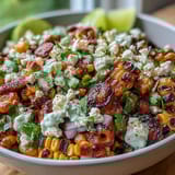 A colorful bowl of Mexican Street Corn Salad, featuring smoky grilled corn, spicy jalapeño, and zesty lime cream.
