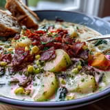 Smoky Cabbage Corn Chowder featuring tender potatoes, sweet corn, and shredded cabbage in a rich, velvety broth.  