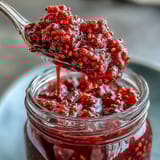 Close-up of homemade raspberry lemon chia jam spread on warm toast, highlighting glossy texture and fresh berry chunks.
