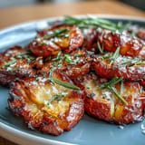 Roasted baby potatoes smashed until crispy and seasoned with garlic, paprika, and parsley.