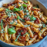 One-pot creamy tomato basil pasta plated, garnished with vibrant green basil.