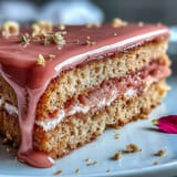 Pink velvet cake with rosé, topped with a luxurious gold drip, perfect for celebrations.
