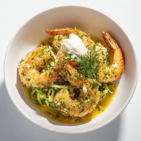 Bright plate of lemon herb shrimp scampi, glistening with sauce and herbs, ready to serve.