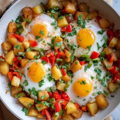 Golden-brown Simple Skillet Egg and Potato Hash, a delightful one-pan meal with runny egg yolks.