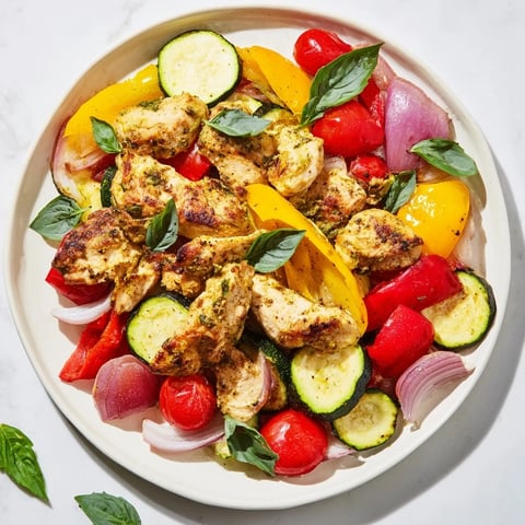 Tender Basil-Soft Chicken and Veggie Sheet Pan Dinner with roasted vegetables and juicy chicken glistening.