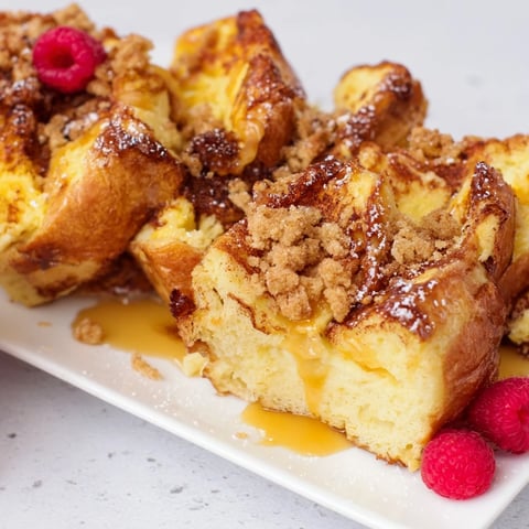 Golden brown Soft Spice Baked French Toast Casserole, topped with cinnamon sugar, ready to serve with berries.