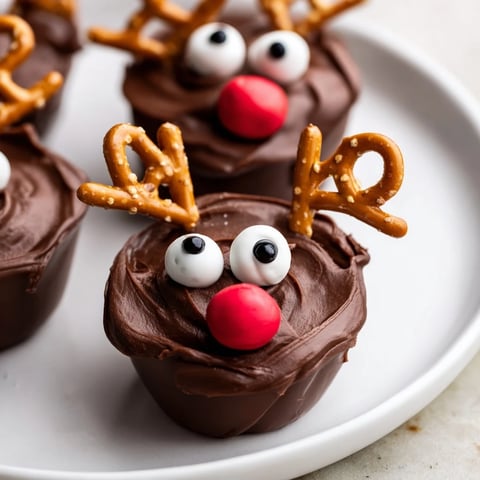 Chocolate reindeer pudding cups on a festive board, a sweet, fun dessert for the holidays.