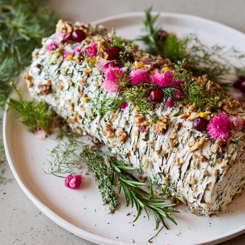 Festive Yuletide Log Cheese Centerpiece, a creamy, savory log with edible "bark" and Christmas greenery.