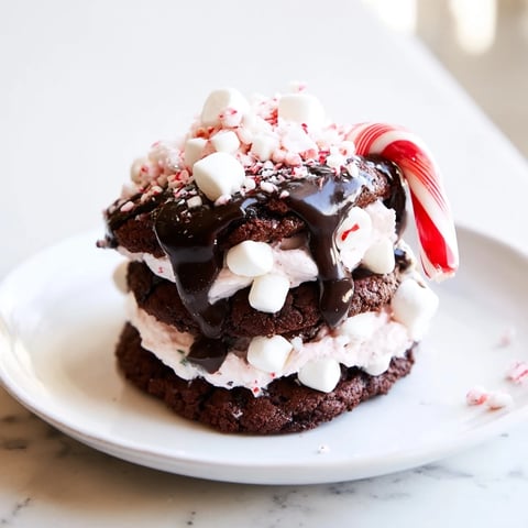 Delectable hot cocoa mug cookie stack, topped with soft marshmallows and a chocolate drizzle.