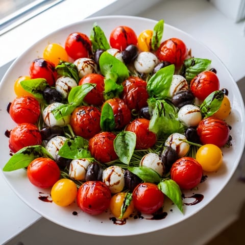 Appetizer Wreath: A vibrant, colorful photo of olives and juicy cherry tomatoes arranged in a festive wreath.
