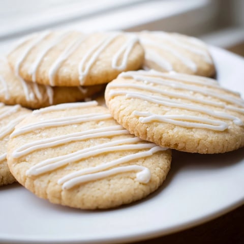 Golden, iced Holiday Cookies with Icing Drizzle, perfect for sharing at a winter holiday party.