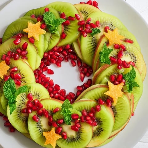 Vibrant kiwi and pomegranate Christmas wreath fruit plate, perfect for a festive, healthy appetizer or dessert.