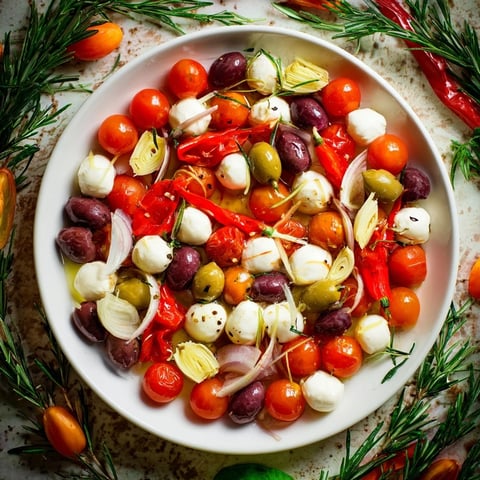 Vibrant Olive and Cherry Tomato Garland Board, showcasing juicy tomatoes, olives, and creamy mozzarella, perfect for entertaining.