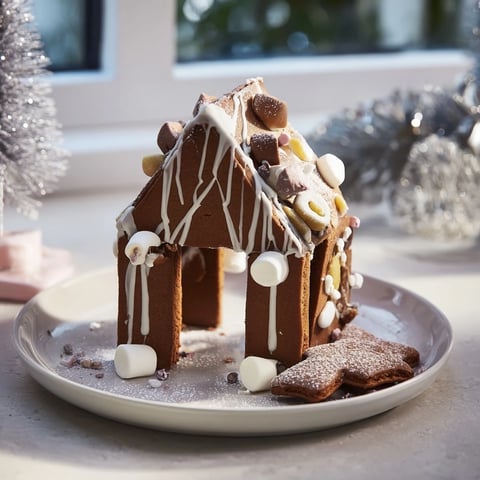 Close-up of a gingerbread house frame, embellished with white chocolate and holiday candies for Christmas.