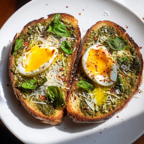 Golden pesto egg toast topped with jammy eggs and a sprinkle of Parmesan, a flavorful breakfast.