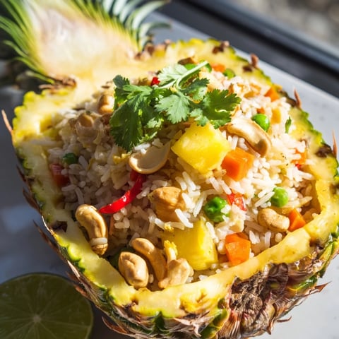 Vibrant Pineapple Fried Rice overflowing from a hollowed pineapple shell, garnished with cilantro.