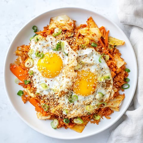Steaming bowl of homemade Kimchi Fried Rice topped with a runny fried egg and sesame seeds.  