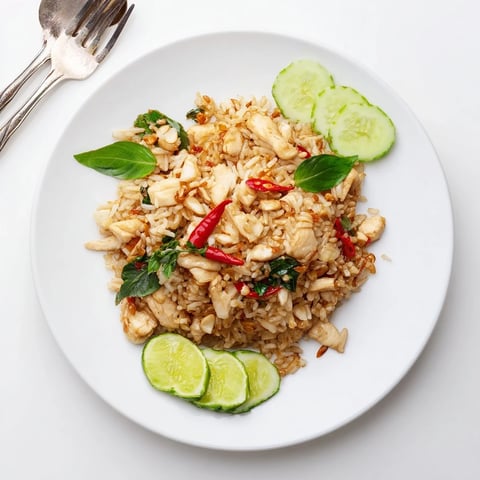 Sizzling Thai Basil Chicken Fried Rice with tender chicken, crisp chilies, and holy basil served with lime wedges and fresh cucumber slices.