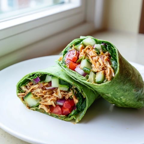 A close-up of a BBQ Chicken Salad Wrap sliced in half, revealing layers of shredded BBQ chicken, crisp romaine, diced cucumbers, and halved cherry tomatoes inside a vibrant green spinach tortilla.