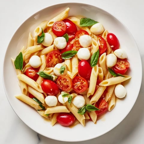 Brightly colored Caprese Salad Pasta in a white bowl, featuring halved cherry tomatoes, creamy mozzarella pearls, and torn fresh basil leaves over penne.  