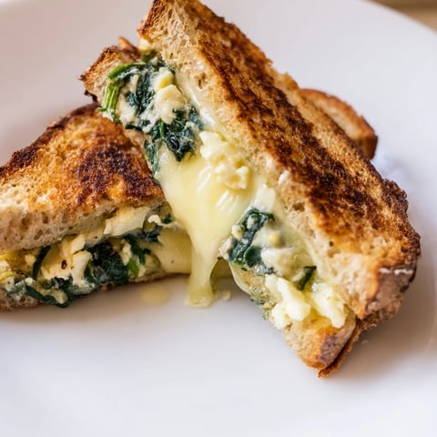 Sizzling golden Feta & Spinach Stuffed Grilled Cheese in a skillet, with melted cheese peeking from crispy sourdough slices.
