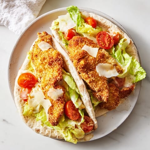 Golden, air-fried crispy chicken strips stuffed inside warm, soft pita pockets with creamy Caesar salad.