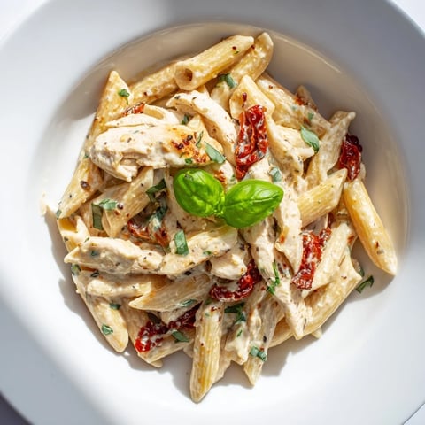 Juicy chicken strips and sun-dried tomatoes mingle with al dente penne in a creamy, garlicky sauce, garnished with fresh basil.  