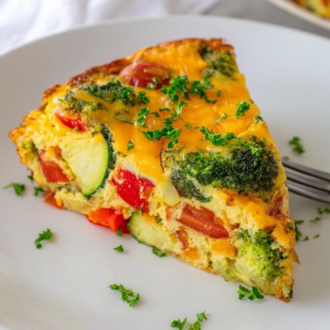 Golden-brown vegetable frittata with melted cheddar cheese, broccoli, bell peppers, and cherry tomatoes on a plate.
