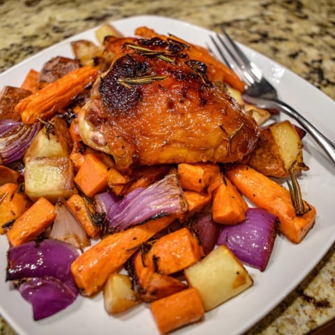 Close-up of Honey-Glazed Chicken with Roasted Root Vegetables, beautifully browned and garnished with rosemary.